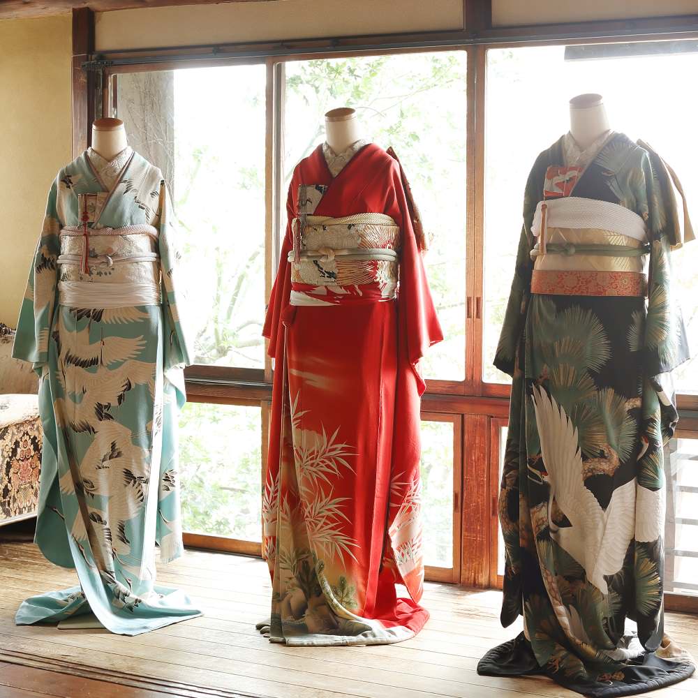 アンティーク復刻振袖 浅葱色地/飛翔鶴 【結婚式 和装 引き振袖