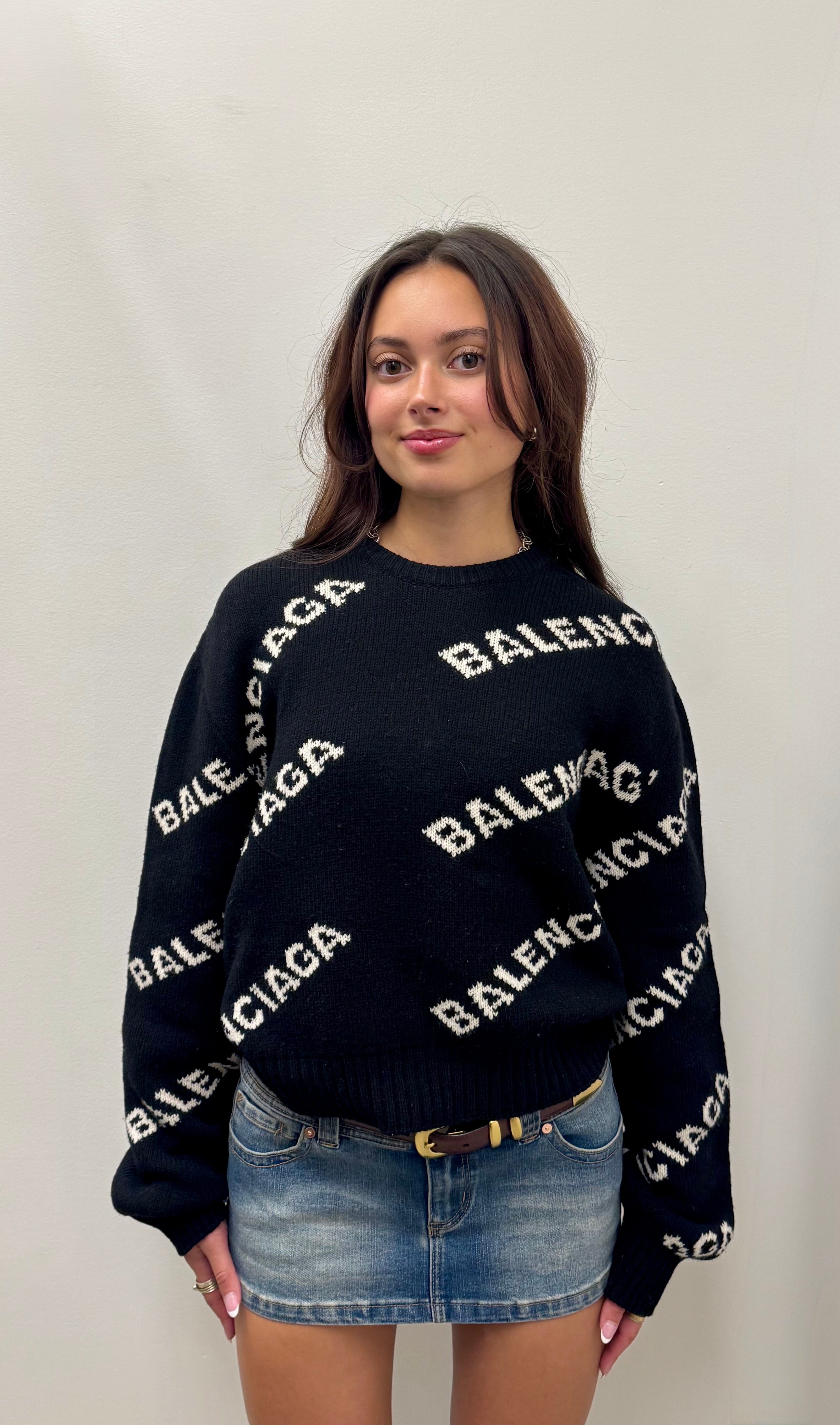 Balenciaga All-Over Logo Wool Blend Knit Sweater – Black/White
