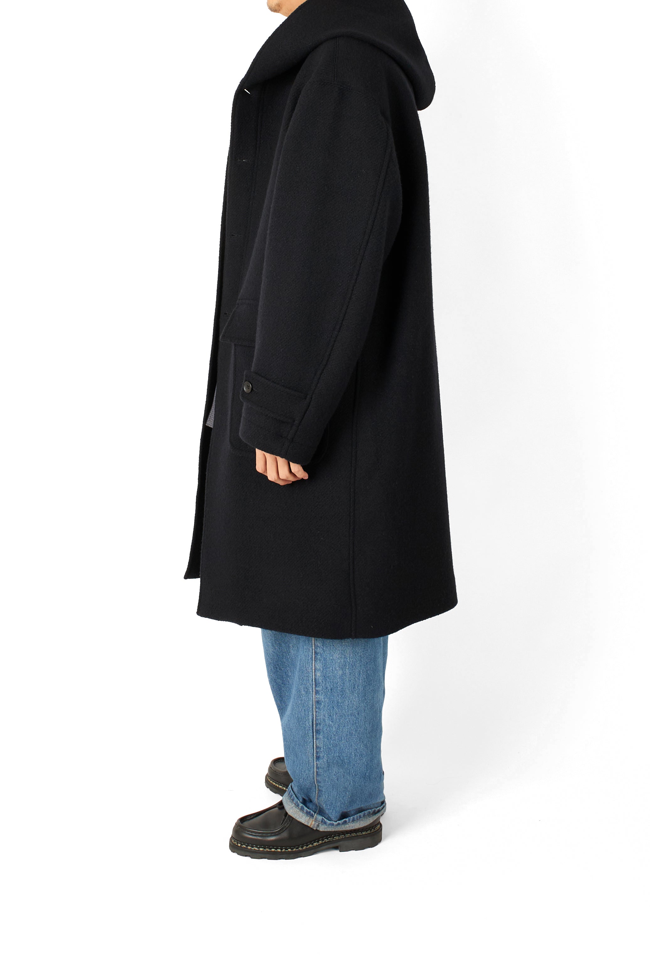 Super140's WOOL /LINEN TWISTED TWEED HOODED COAT｜BLACK – Cornier