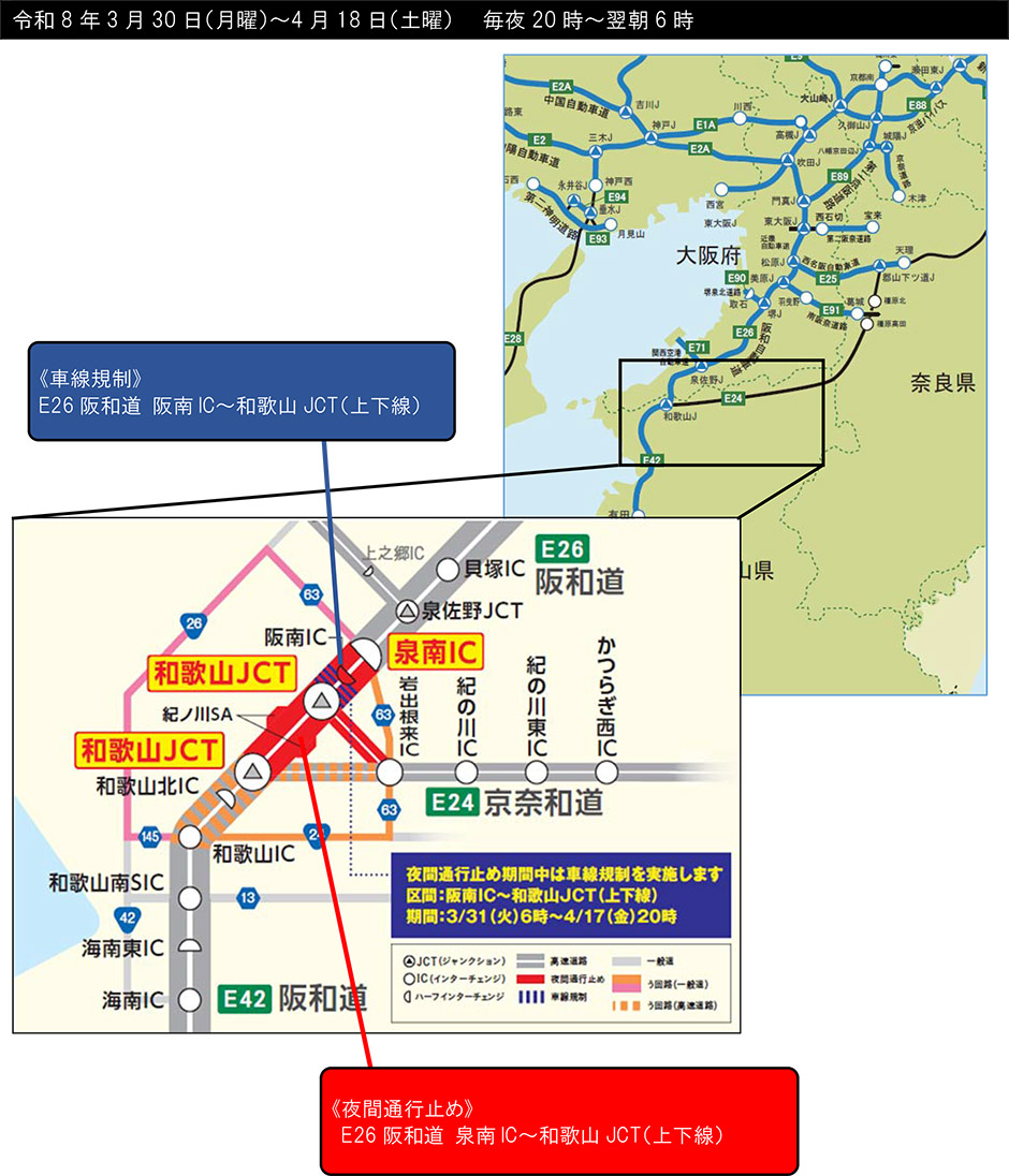 E26 阪和自動車道 泉南IC～和歌山JCT（上下線）で夜間通行止め等を実施