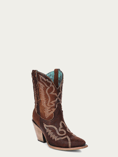 Z5272 - WOMEN'S EMBROIDERY BROWN LAMB POINTED TOE COWBOY ANKLE