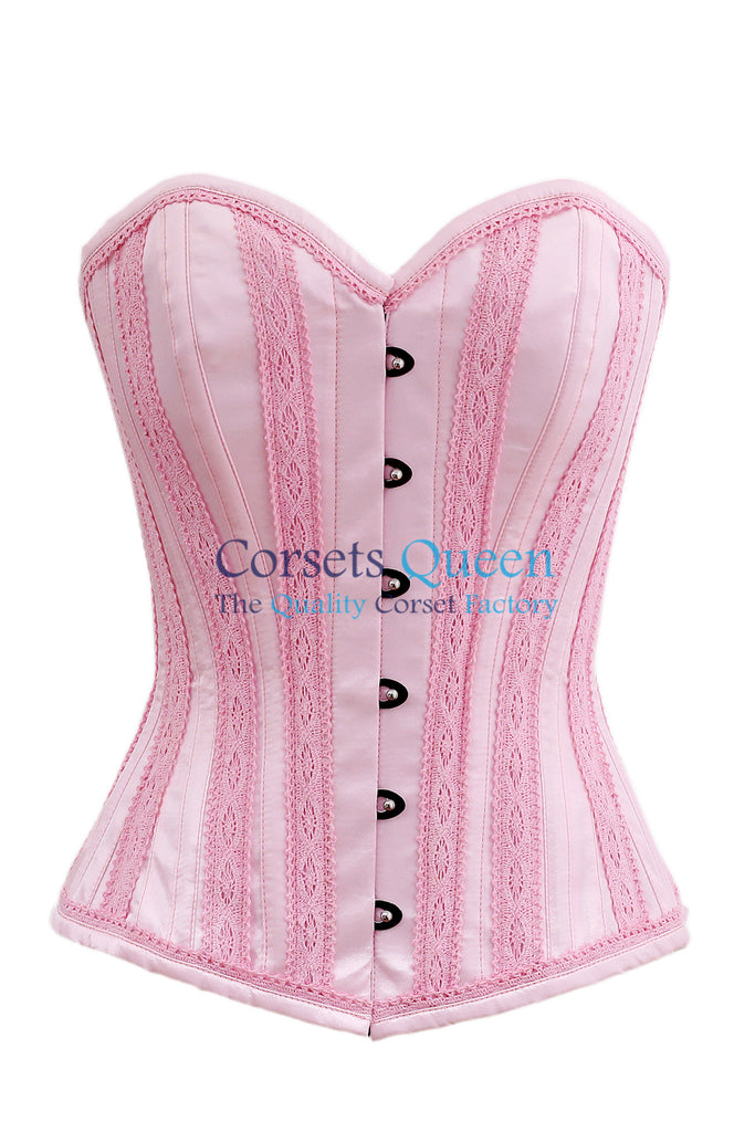 Achtel Baby Pink Satin Overbust Corset With Lace Trims | Corsets