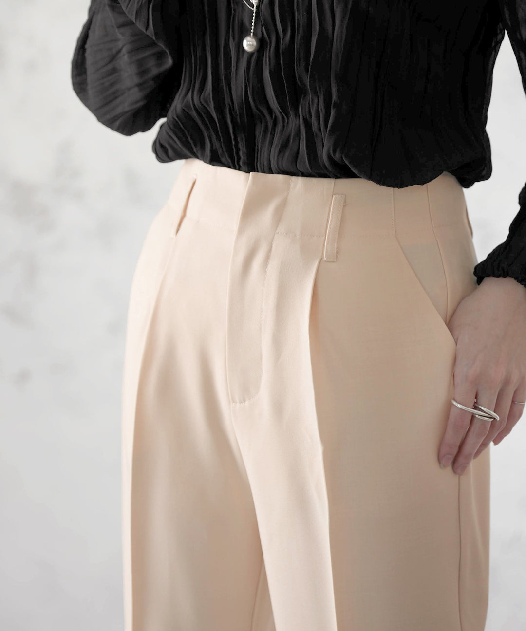 リネンライク センタープレス 無地 フレアパンツ スラックス（フル