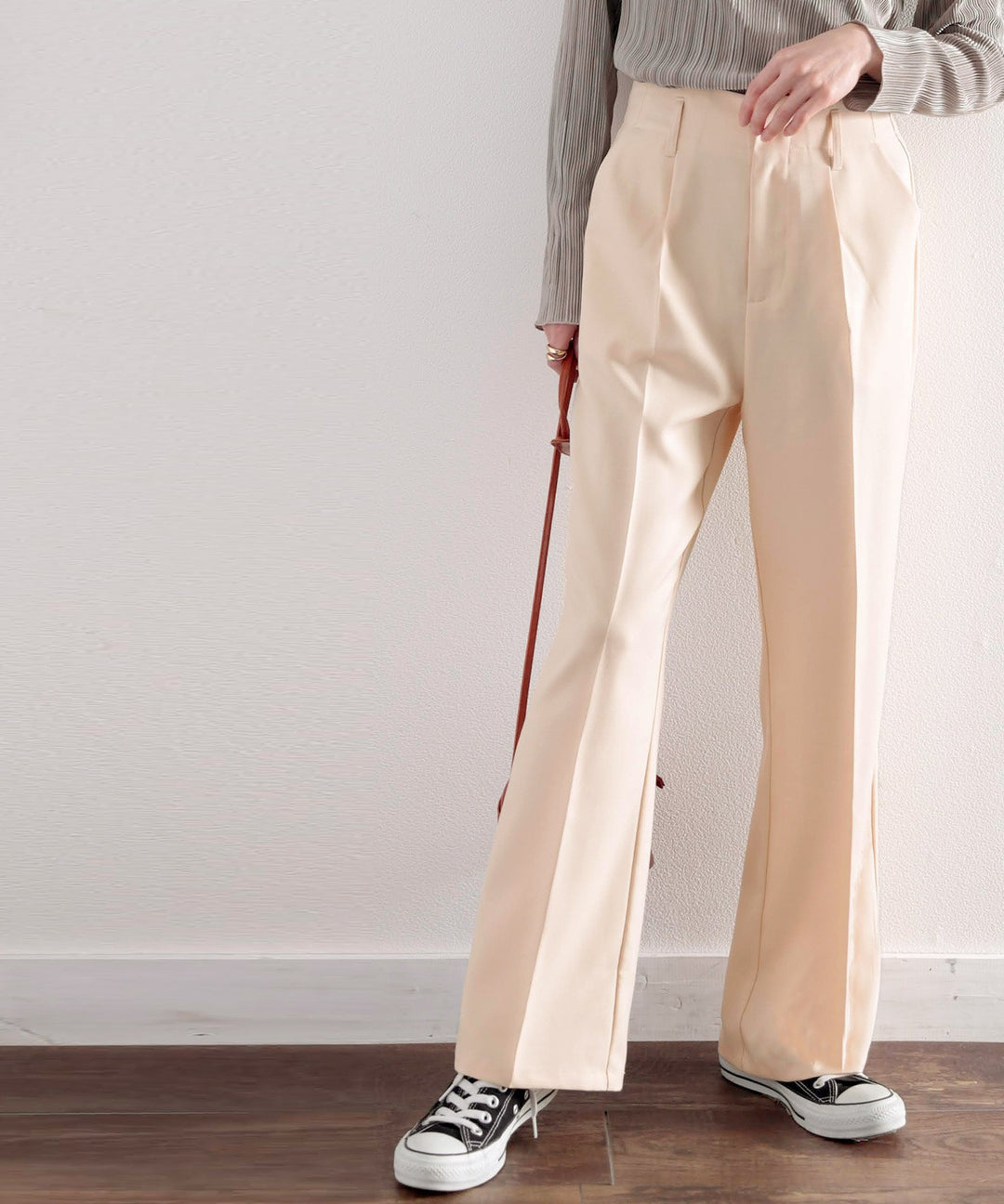 リネンライク センタープレス 無地 フレアパンツ スラックス（フル