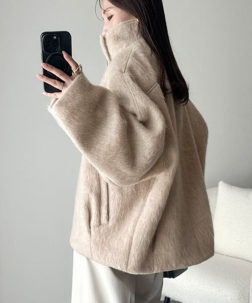 暖かさとおしゃれを両立♪ミックスシャギースタンドカラー比翼ミドル