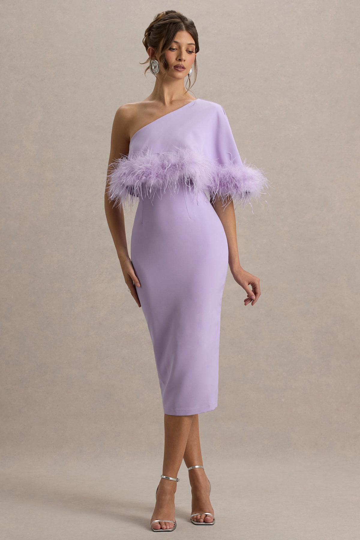 Victory Lilac One Shoulder Midi Dress With Feather Trim – Club L