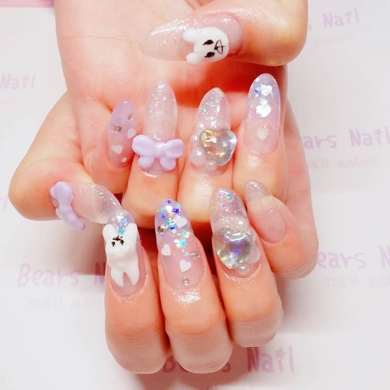 ハンド/ロング/ホワイト/クリア/パープル - ネイリストくまのネイル