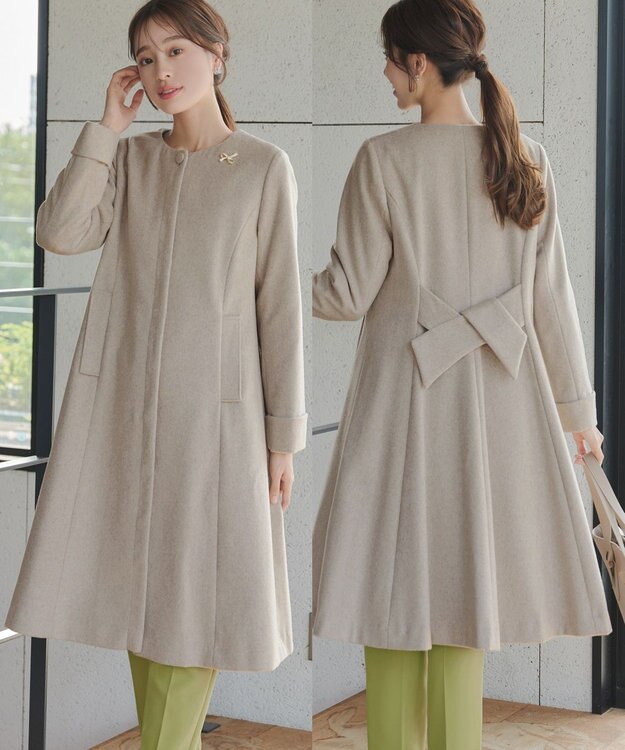 ウール混】ノーカラーバックリボンウールコート / Tiaclasse