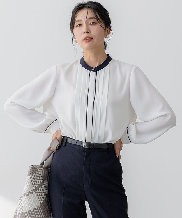 吸水速乾/UVケア/洗える】ストレッチクリアサテン バイカラー ブラウス