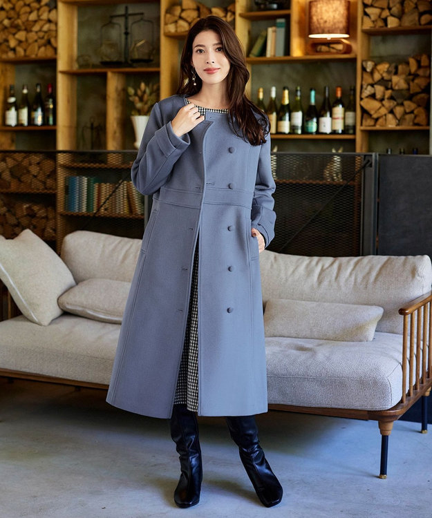 ウール95%】ノーカラー包みボタンAラインコート / Tiaclasse