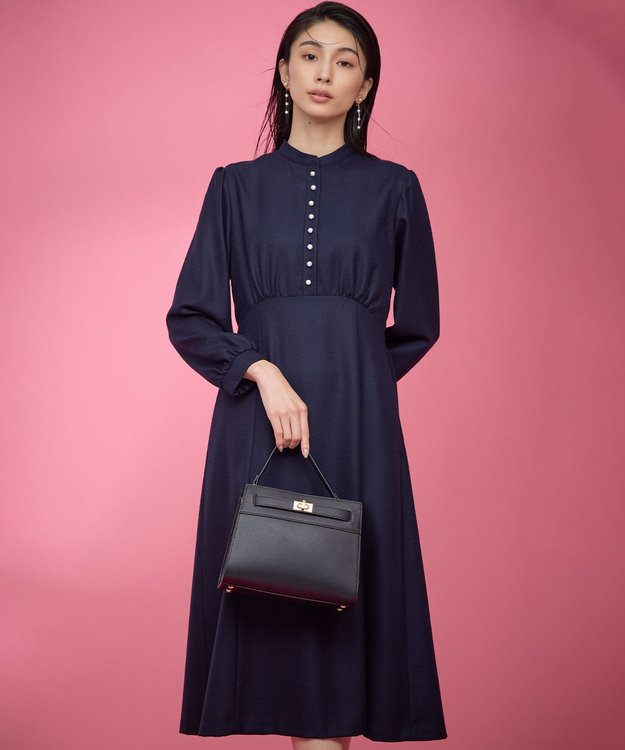 WEB限定・KUMIKYOKU NAVY】ウールジョーゼット バンドカラーワンピース