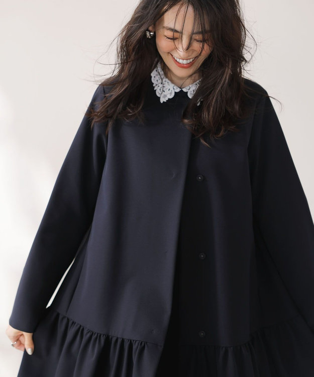 KUMIKYOKU NAVY】ダブルクロスストレッチ ノーカラーコート / 組曲