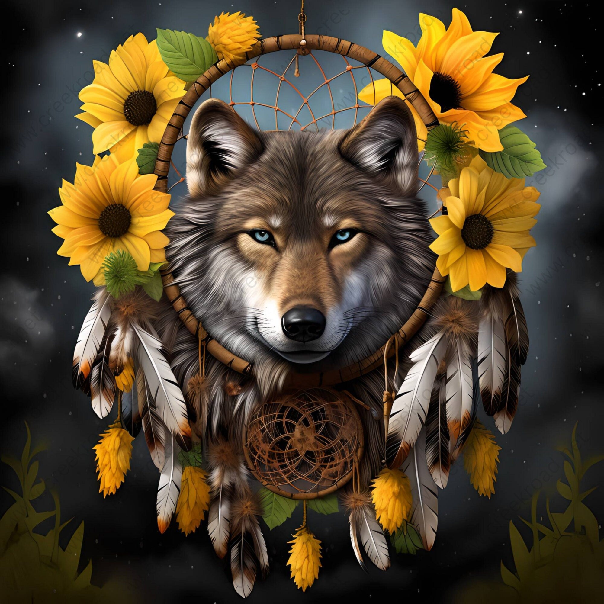 Blue Eyed Wolf Dreamcatcher with Sunflowers Wreath Sign-10