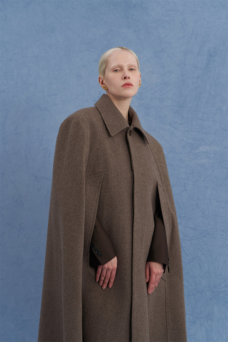 LONG WOOL CAPE COAT IN BROWN | CULT MIA | JINSUN