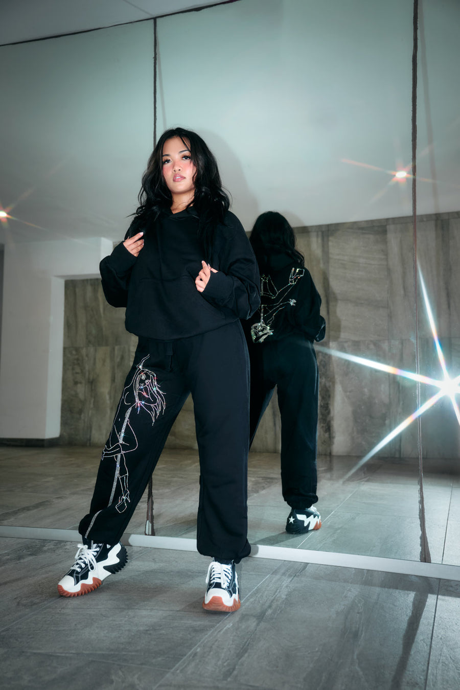 Anime Pole Dancer Hoodie - Ep 2 Black/Rainbow Rhinestone Limited