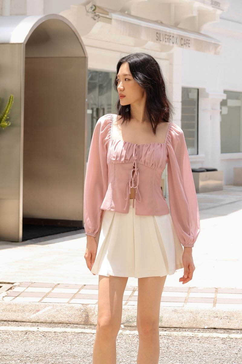 TASMINE PADDED CHIFFON RIBBON-TIE LONG SLEEVE TOP (DUST PINK) | Lovet