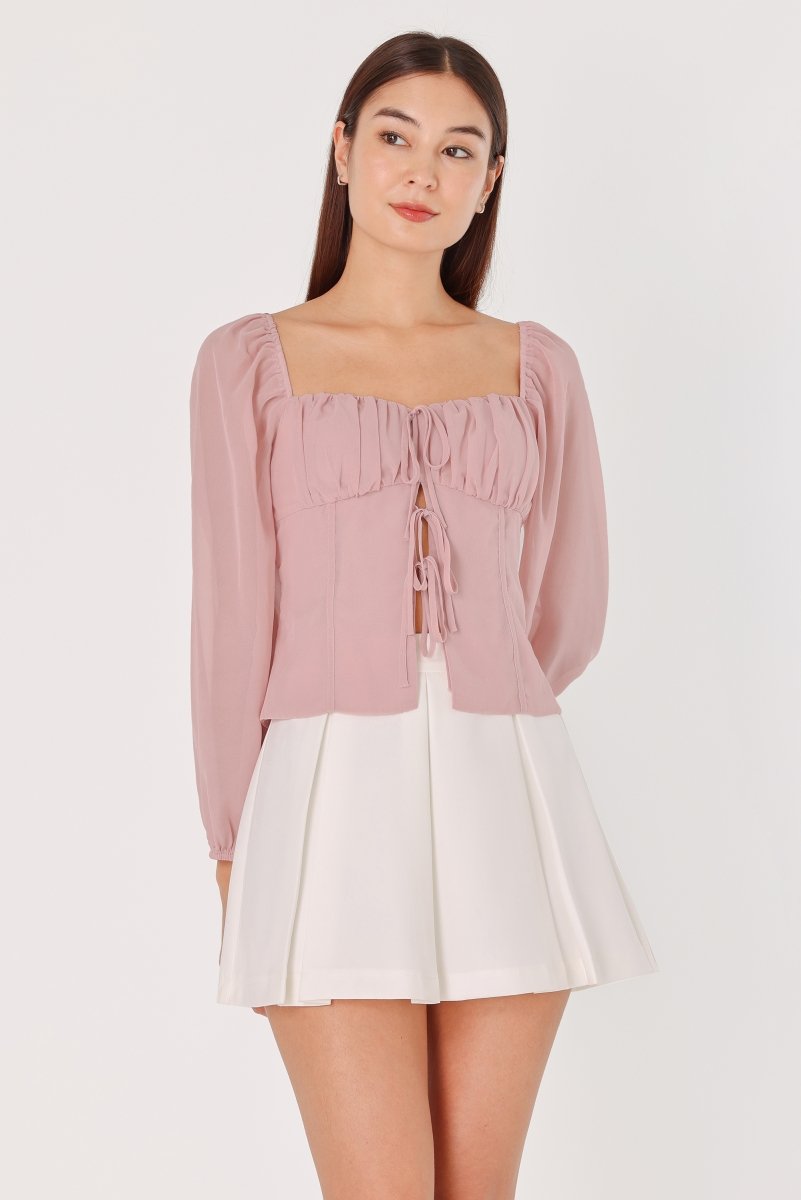 TASMINE PADDED CHIFFON RIBBON-TIE LONG SLEEVE TOP (DUST PINK) | Lovet