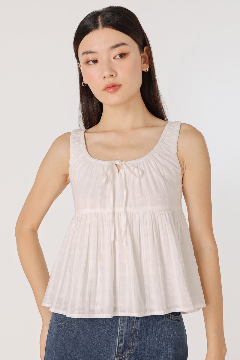 ALISHA SCOOP NECK RIBBON-TIE BABYDOLL TOP (WHITE CHECKERED) | Lovet