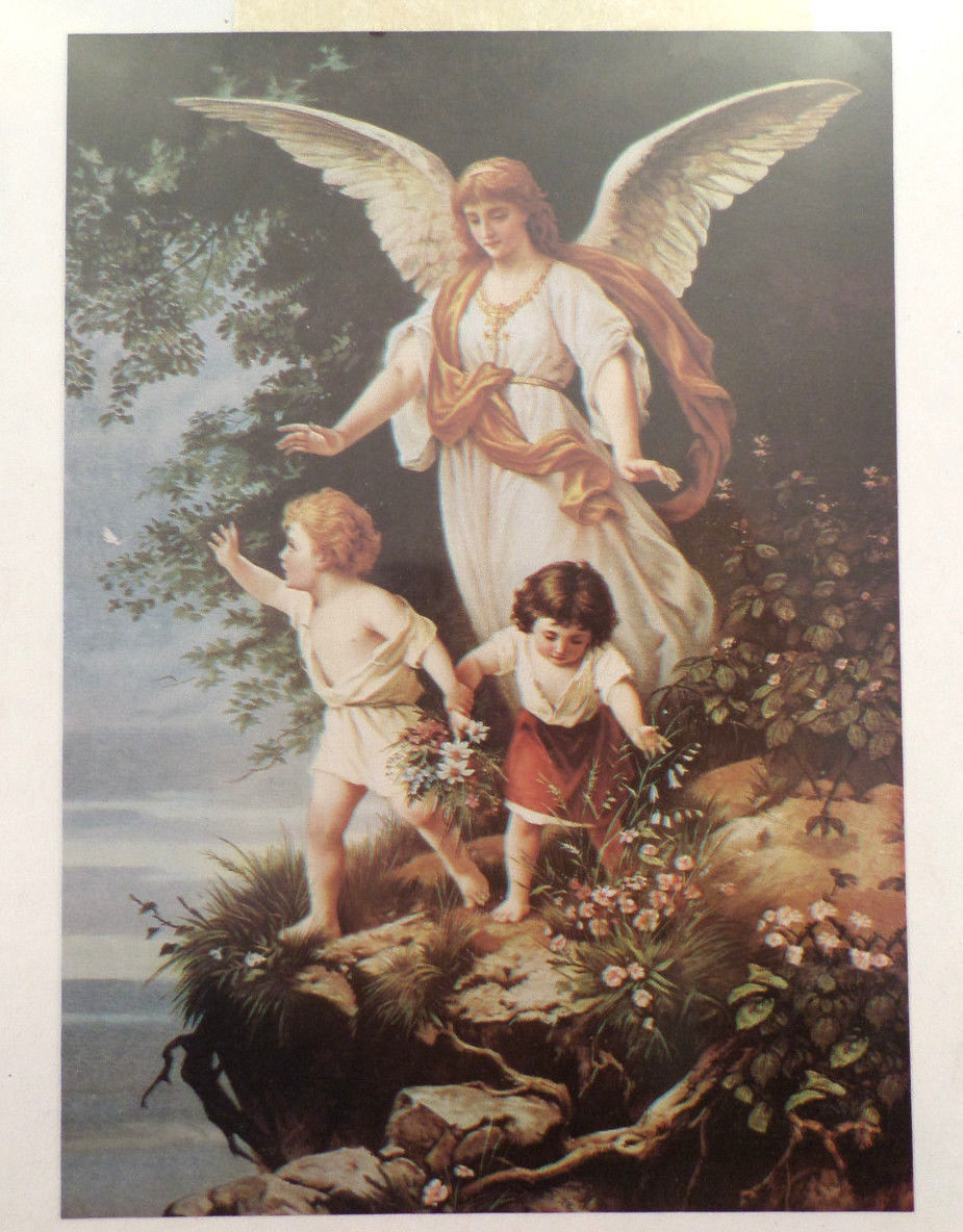 Victorian Lithograph Print Picture Angel With Children By Cliff 5