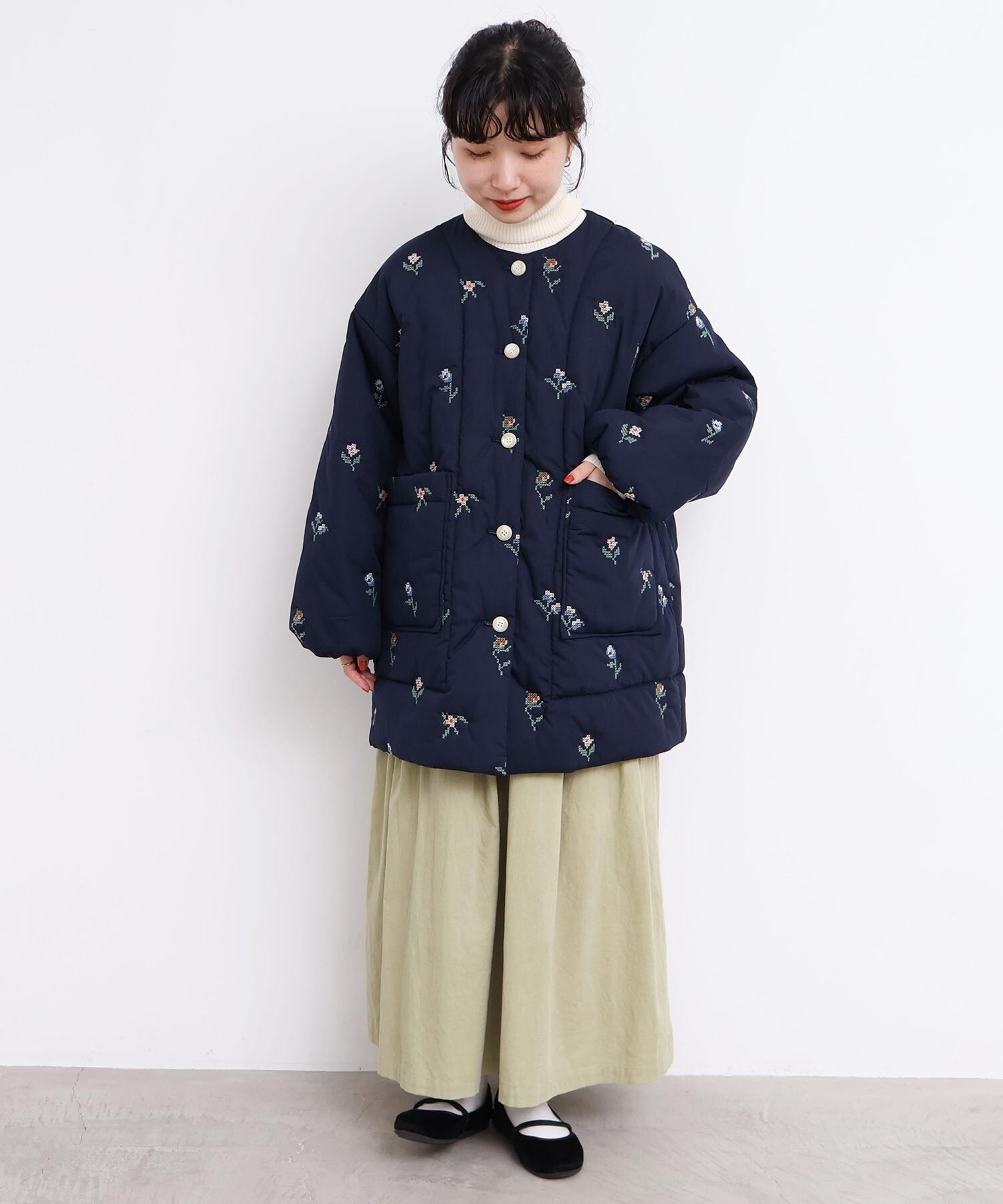 AMBIDEX Store 〇お花のクロスステッチ キルト刺繍コート(F キナリ): l