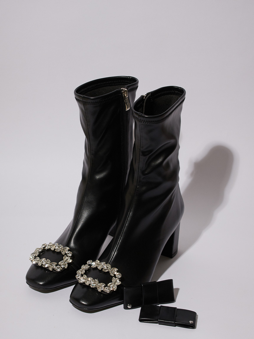 ビジュー＆リボンクリップ付きストレッチブーツ(ブーツ)｜SHOES