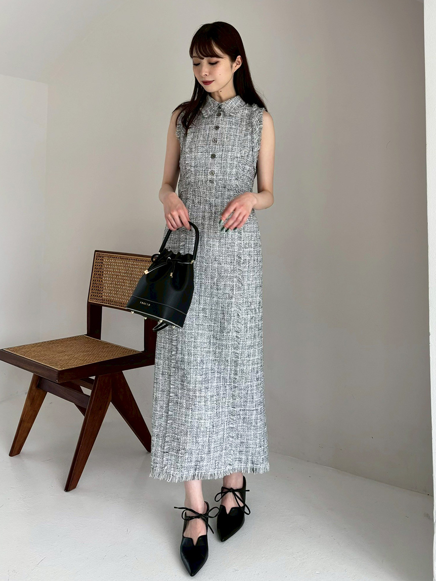 00サイズ】フリンジデザインツイードポロワンピース(マキシ・ロング