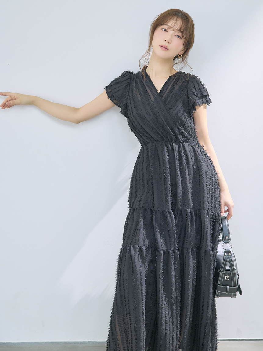 00サイズあり】フリンジジャカードティアードワンピース(マキシ