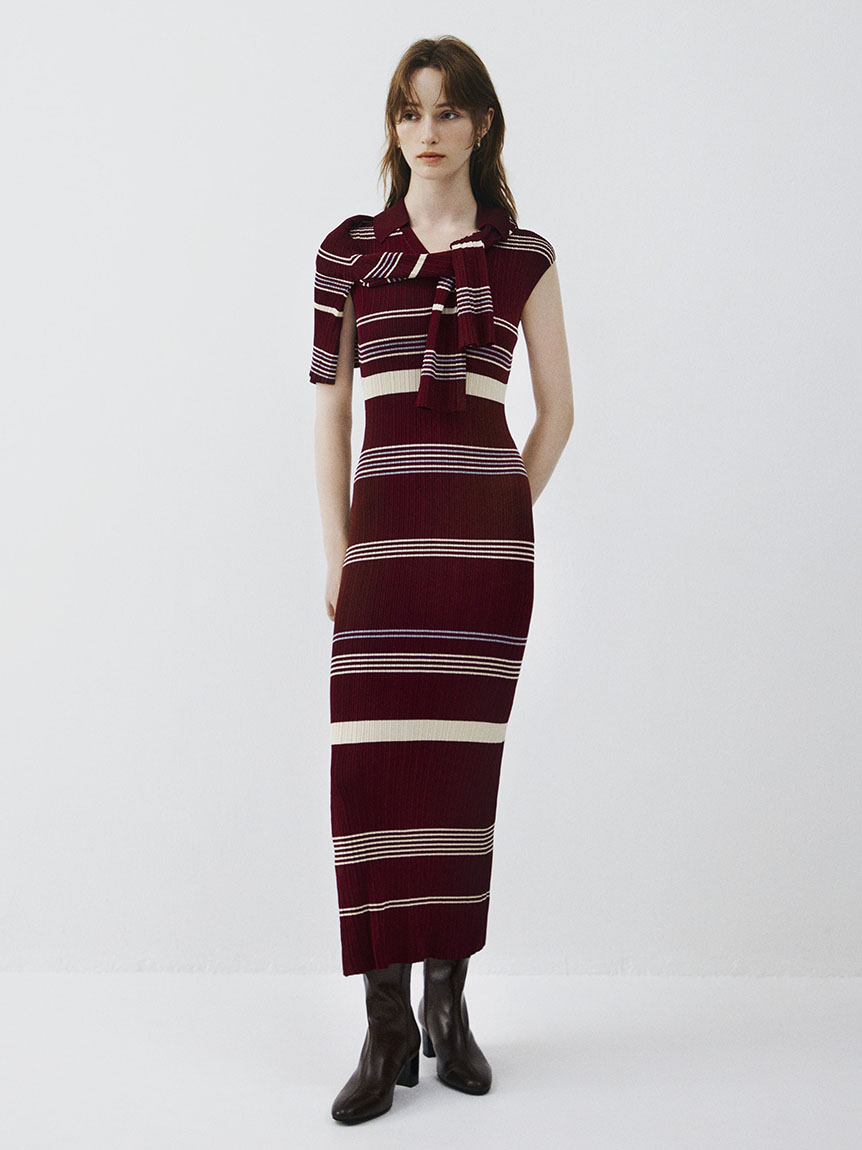 ポロカラーアンサンブルリブニットワンピース(マキシ・ロング