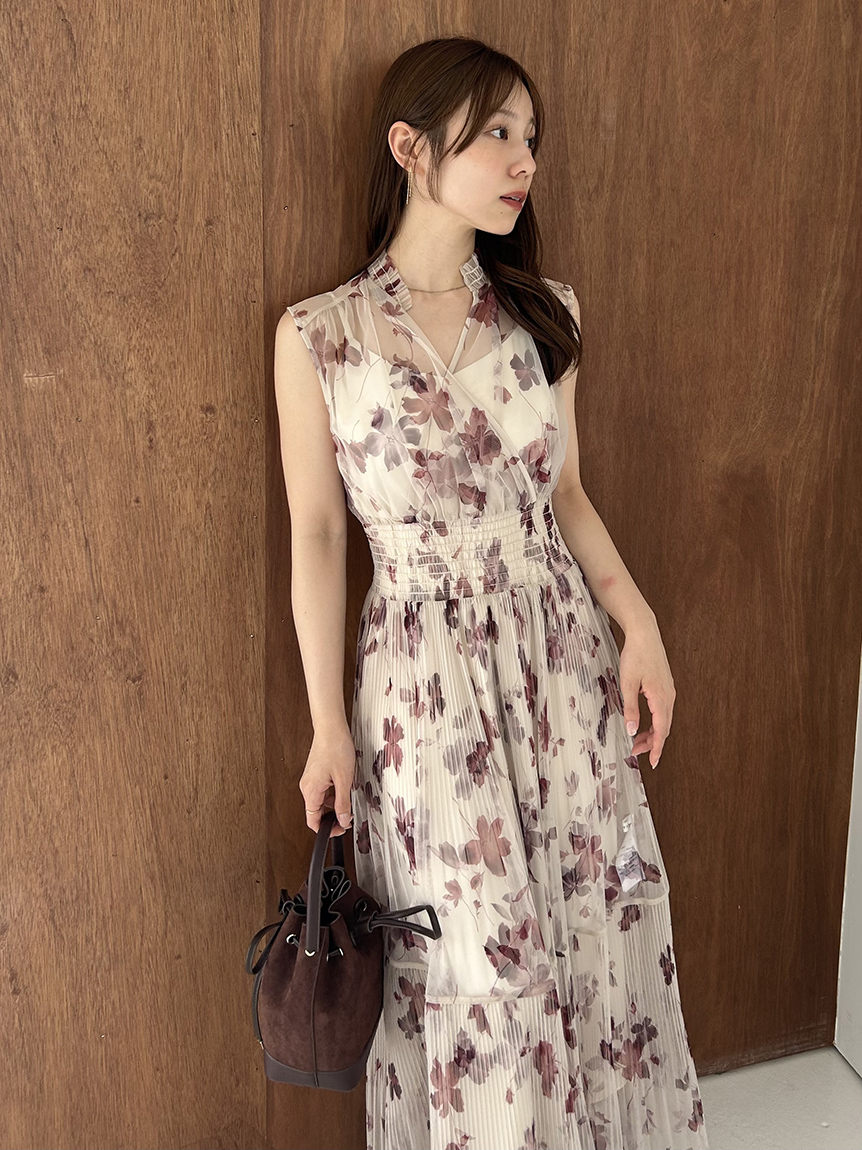 00サイズ】シアーフラワープリーツワンピース(マキシ・ロング