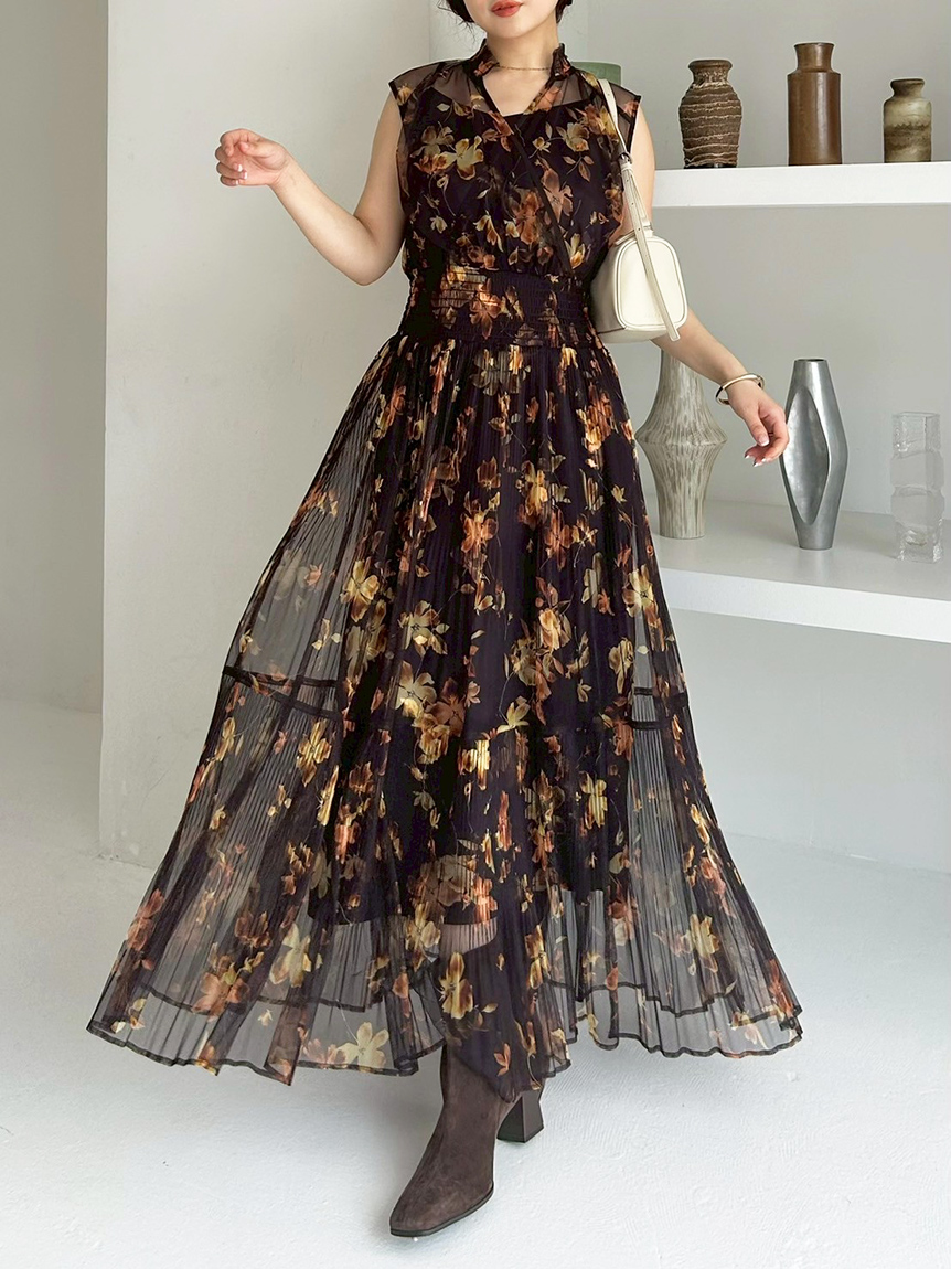 00サイズ】シアーフラワープリーツワンピース(マキシ・ロング