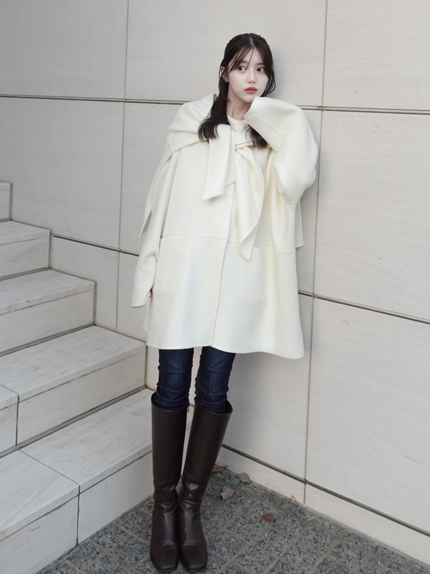 マフラー付ノーカラーリバーミドルコート(ノーカラージャケット