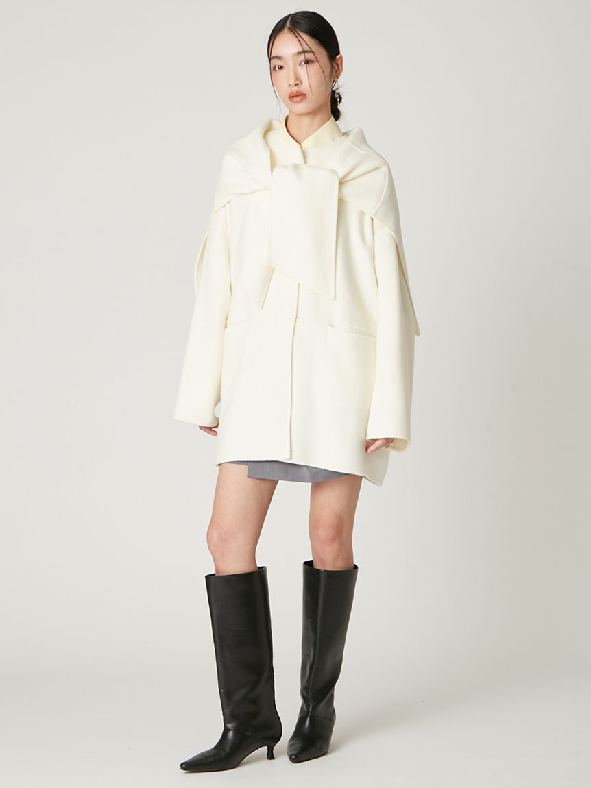 マフラー付ノーカラーリバーミドルコート(ノーカラージャケット