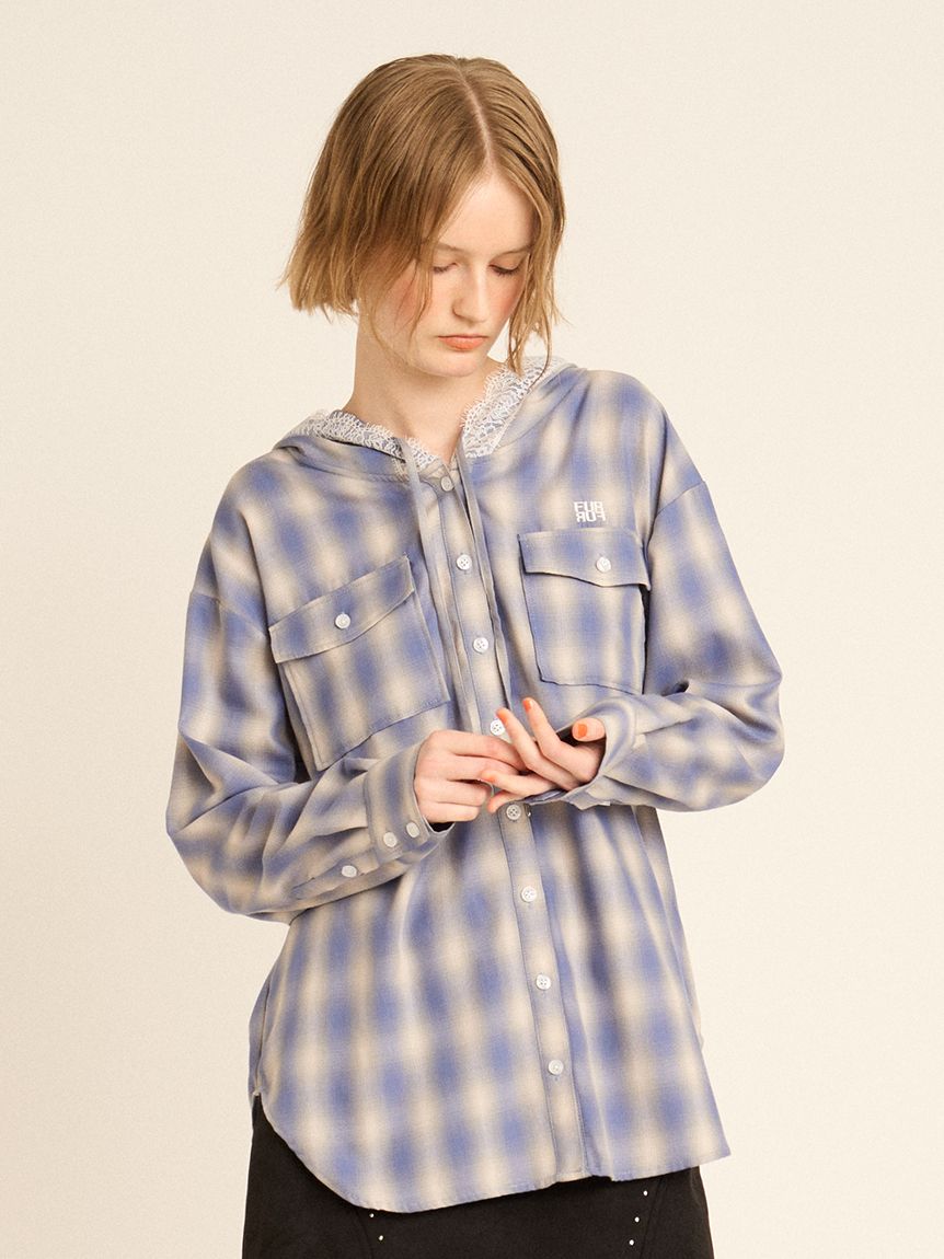 フーディーオンブレーチェックシャツ(シャツ／ブラウス)｜トップス