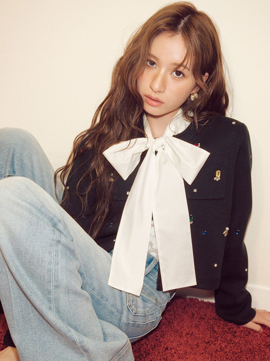 WEB限定】[L.B CANDY STOCK]マルチビジューノーカラーニットジャケット