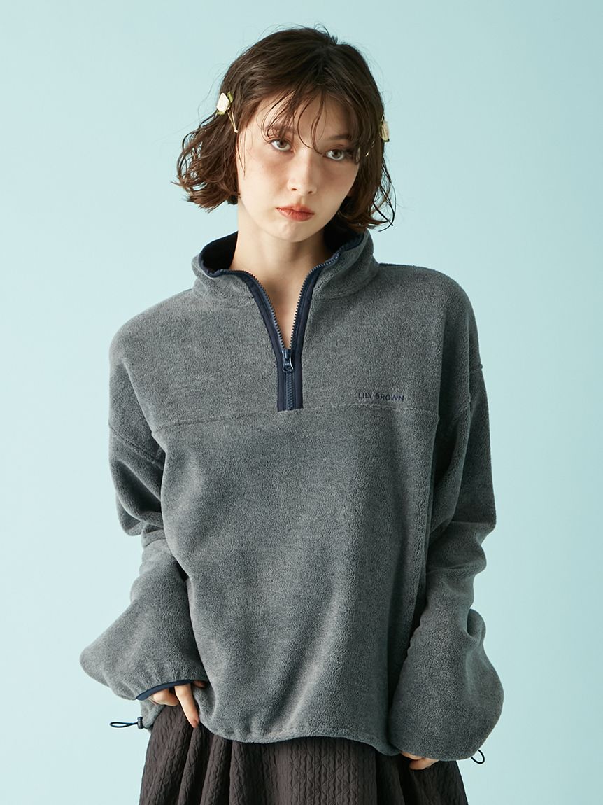 ハーフジップロゴ刺繍フリーストップス(Tシャツ・カットソー