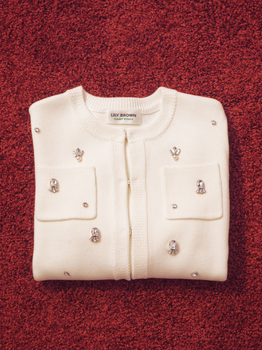 WEB限定】[L.B CANDY STOCK]マルチビジューノーカラーニットジャケット