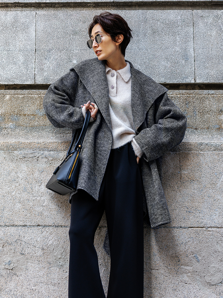 共ベルト付きビックカラーミディ丈コート(ハーフコート)｜アウター