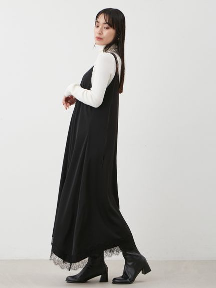 サテンレーストリミングナローキャミワンピース(キャミワンピース