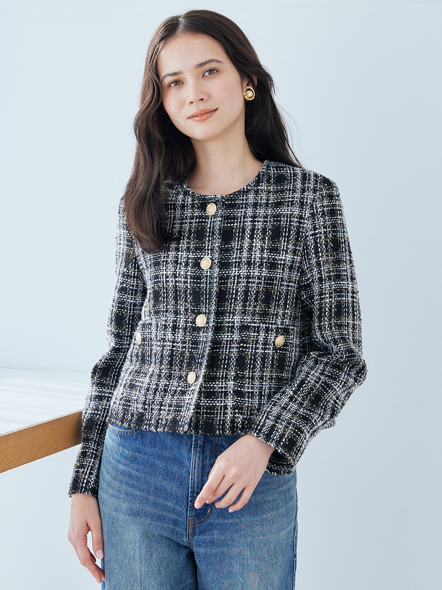 クロップド金釦コンパクトツイードジャケット(ジャケット)｜アウター