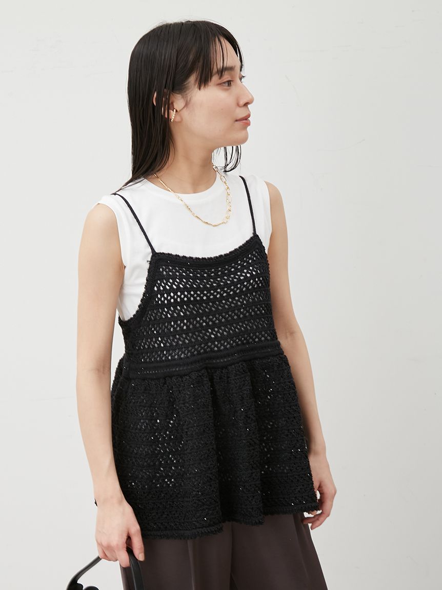 ウォッシャブル】クロシェニットキャミ×ノースリトップス(ニット