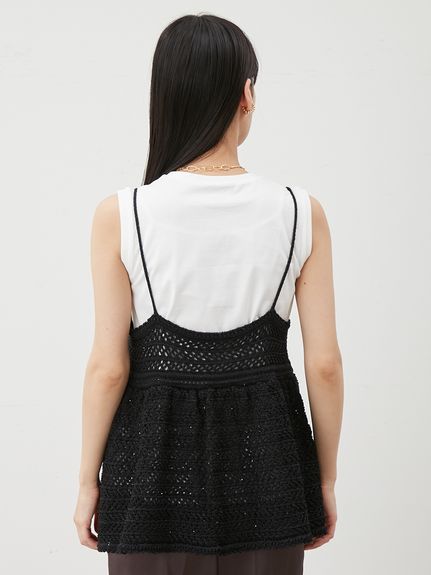 ウォッシャブル】クロシェニットキャミ×ノースリトップス(ニット