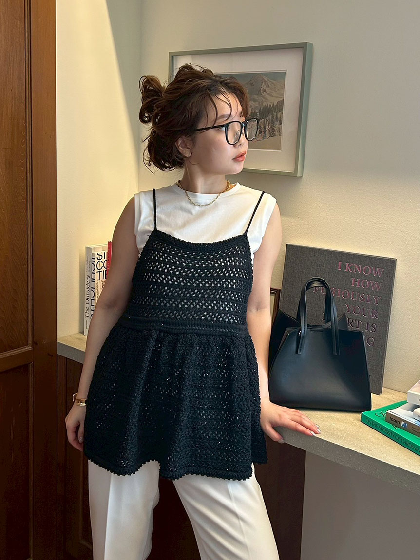 ウォッシャブル】クロシェニットキャミ×ノースリトップス(ニット