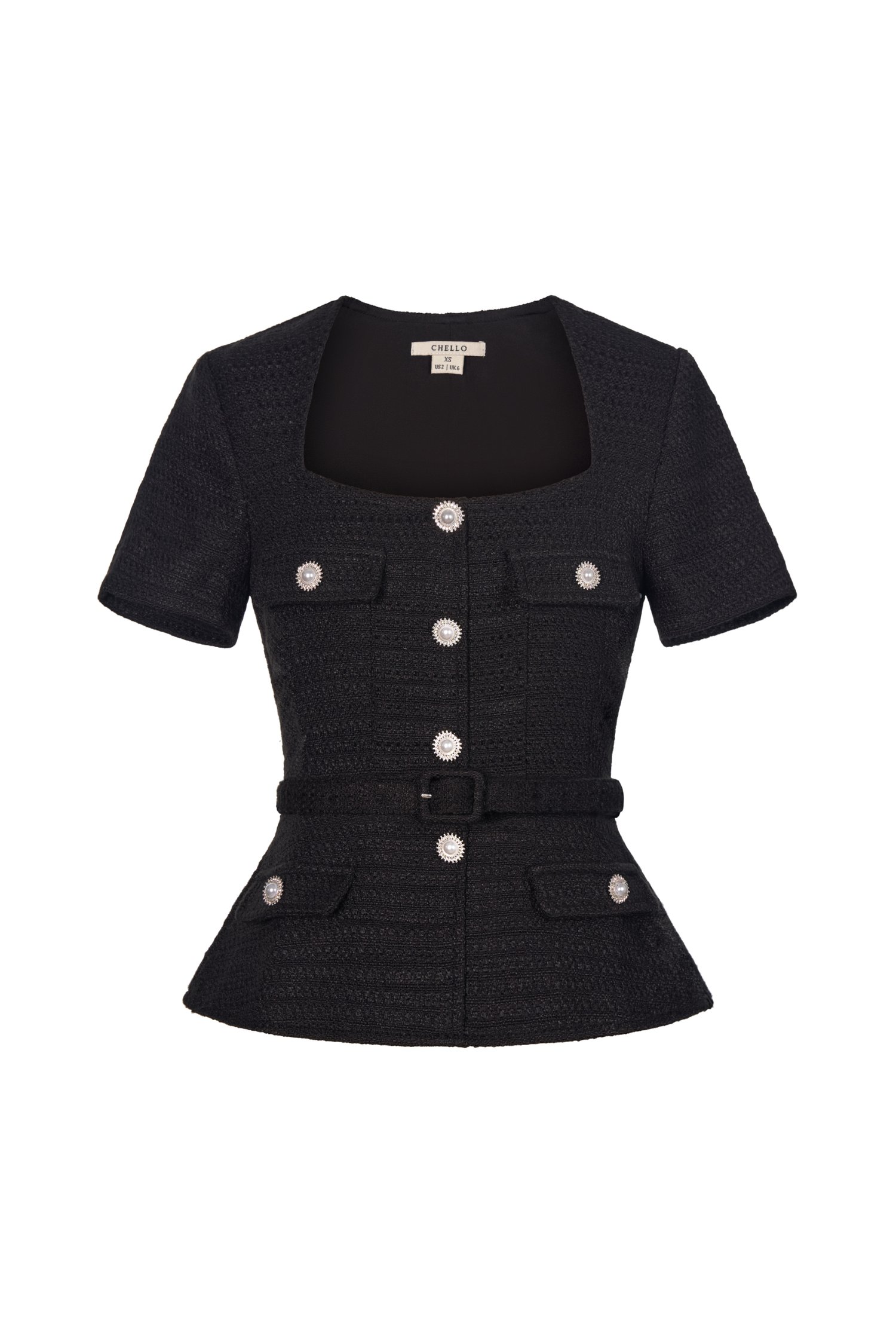 Valeria Peplum Tweed Top In Classic Black | Chello