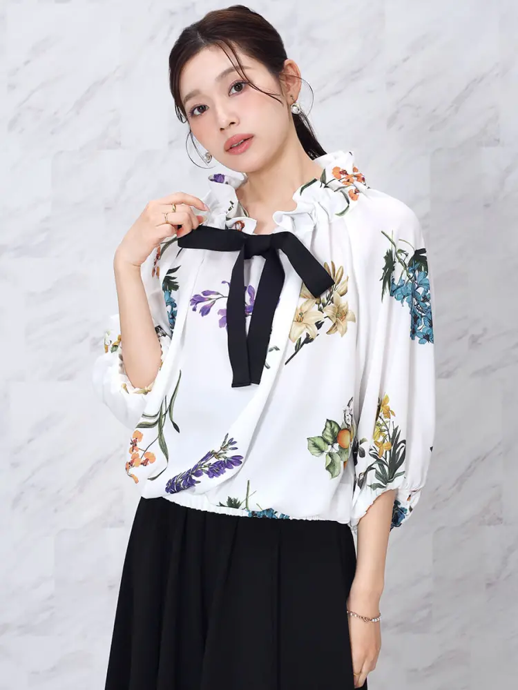 ボタニカルプリントギャザーカラーブラウス - FENNEL - FENNEL