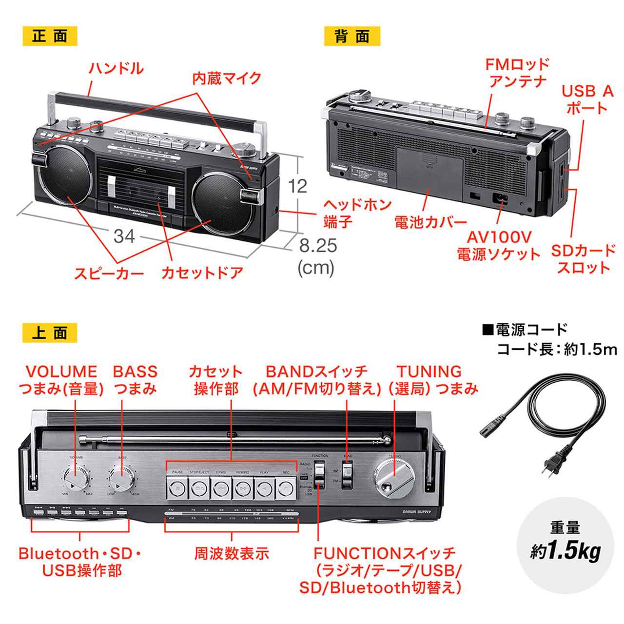 サンワサプライ、80年代風デザインの、Bluetooth搭載の多機能ラジカセ