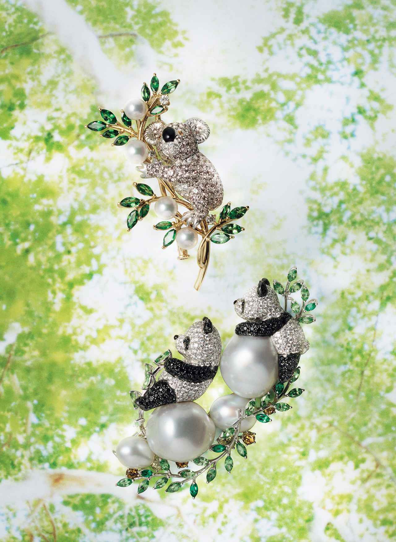 ミキモトの、稀少な真珠から生まれた パンダとコアラのブローチ 【この