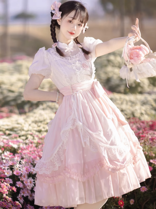 ロリータファッション 【甘ロリータ】フリルギャザーピンクチュール