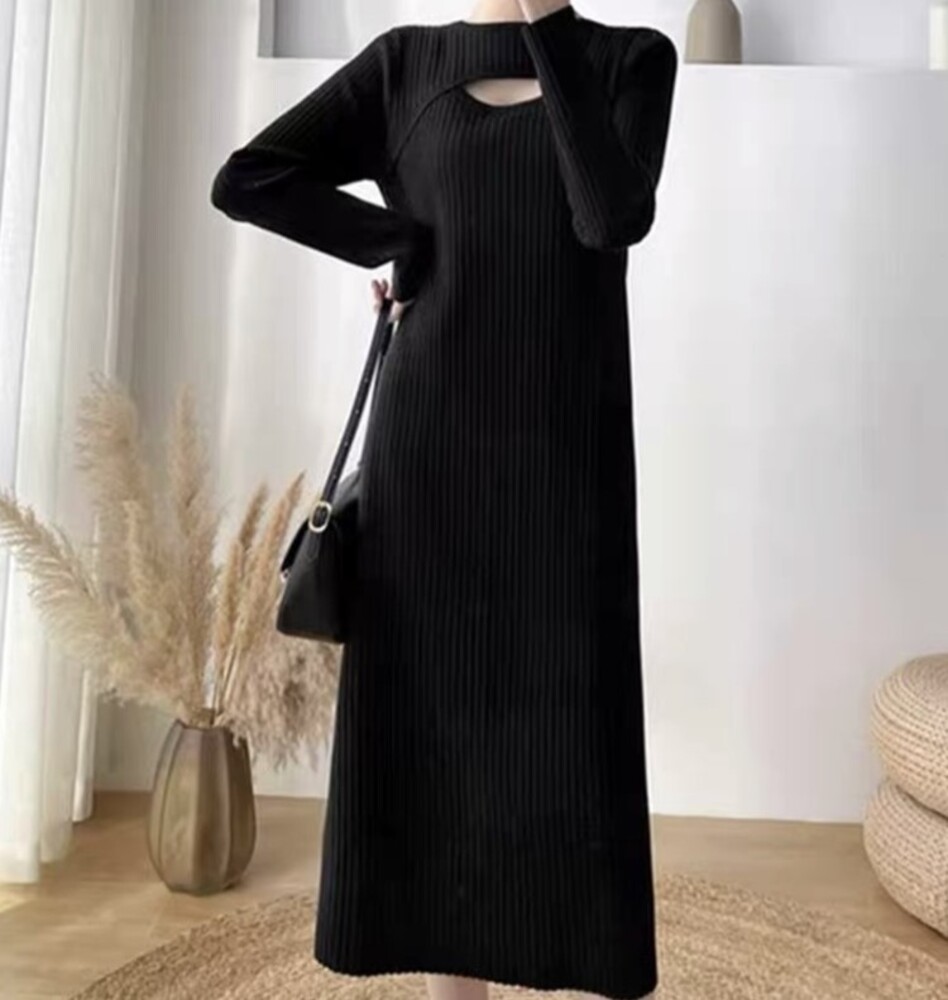 ブルベ夏/ブルベ冬服 肌見せ リブニットワンピース ロング丈ワンピース