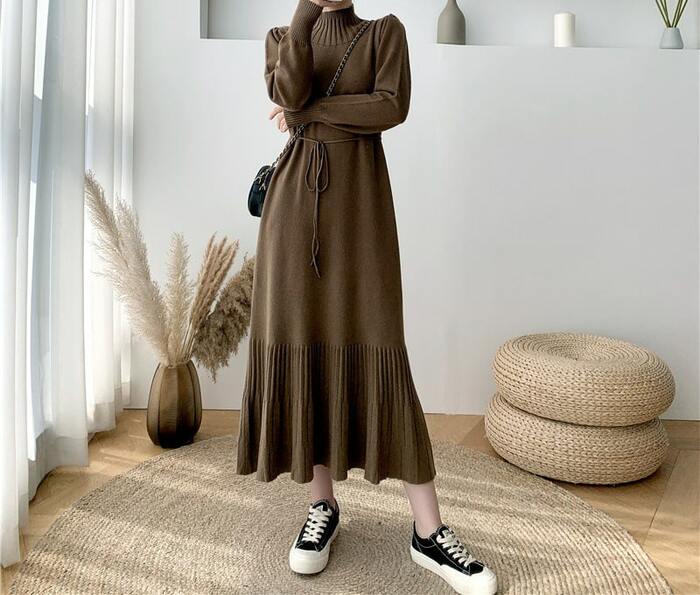 骨格ウェーブプチネックウエストリボンプリーツニットワンピース