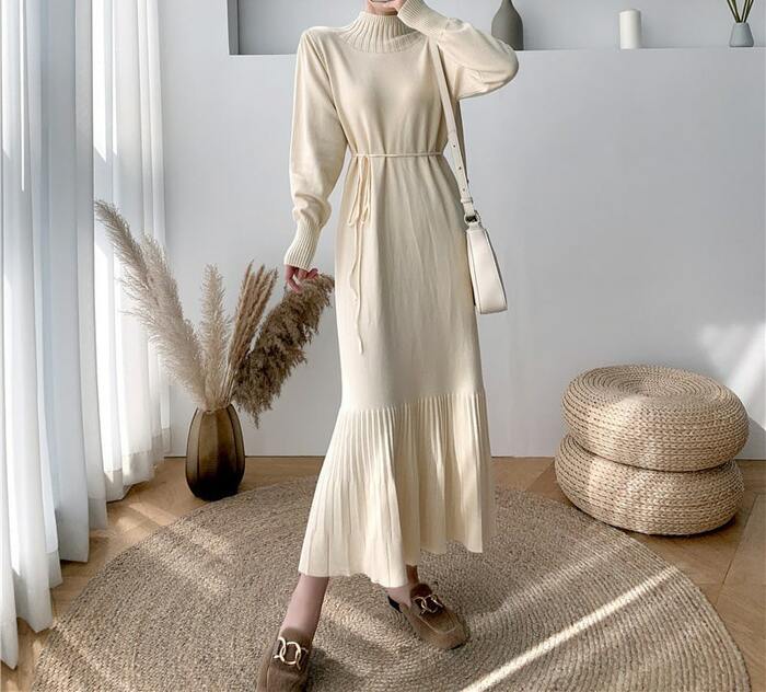 骨格ウェーブプチネックウエストリボンプリーツニットワンピース